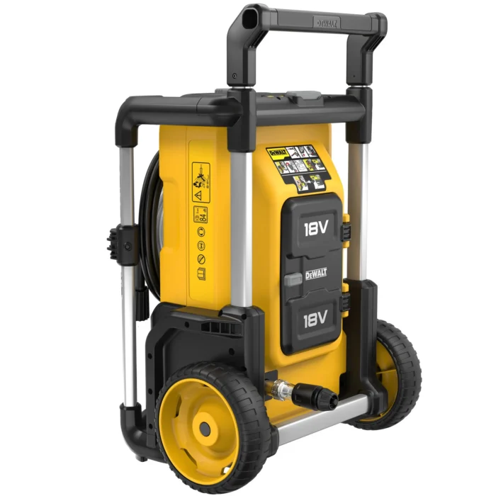 Kollane DeWALT 18V mobiilne kompressor ratastel.